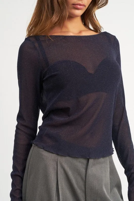 Emory Park GLITTER MESH TOP WITH BACK COWL