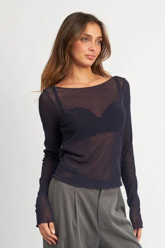 Emory Park GLITTER MESH TOP WITH BACK COWL