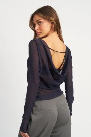 Emory Park GLITTER MESH TOP WITH BACK COWL