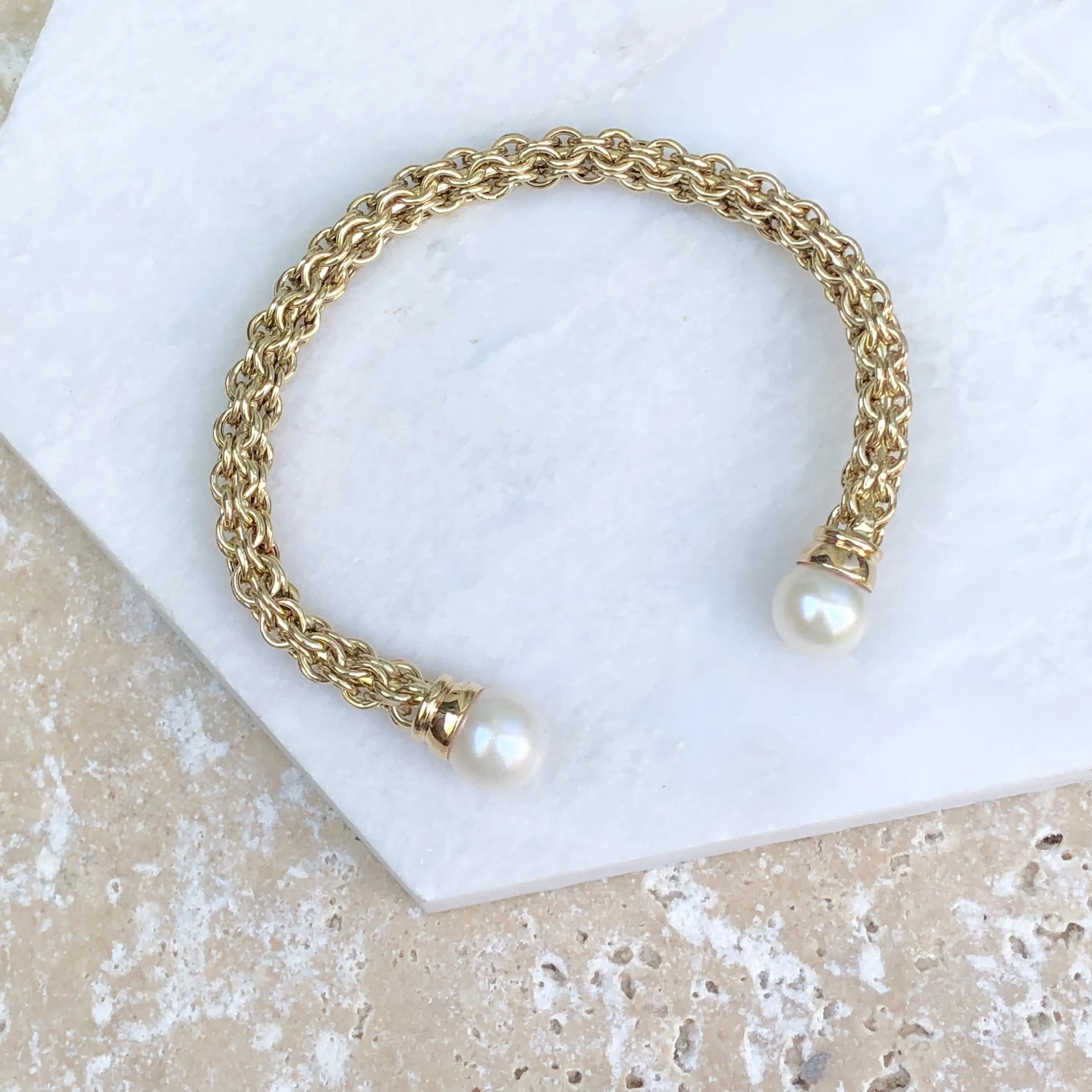 Estate 14KT Yellow Gold Basketweave Pearls Cuff Bangle Bracelet