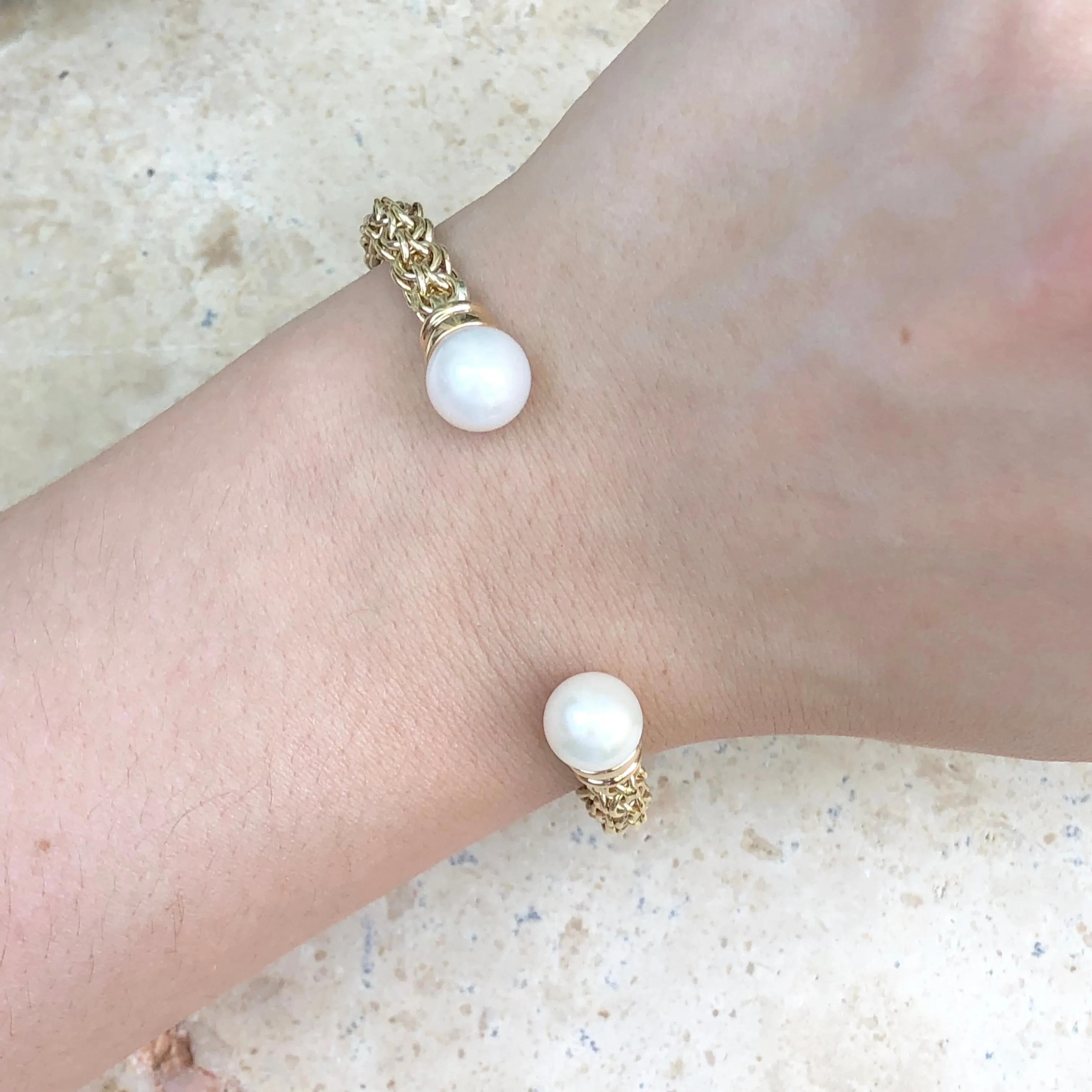Estate 14KT Yellow Gold Basketweave Pearls Cuff Bangle Bracelet