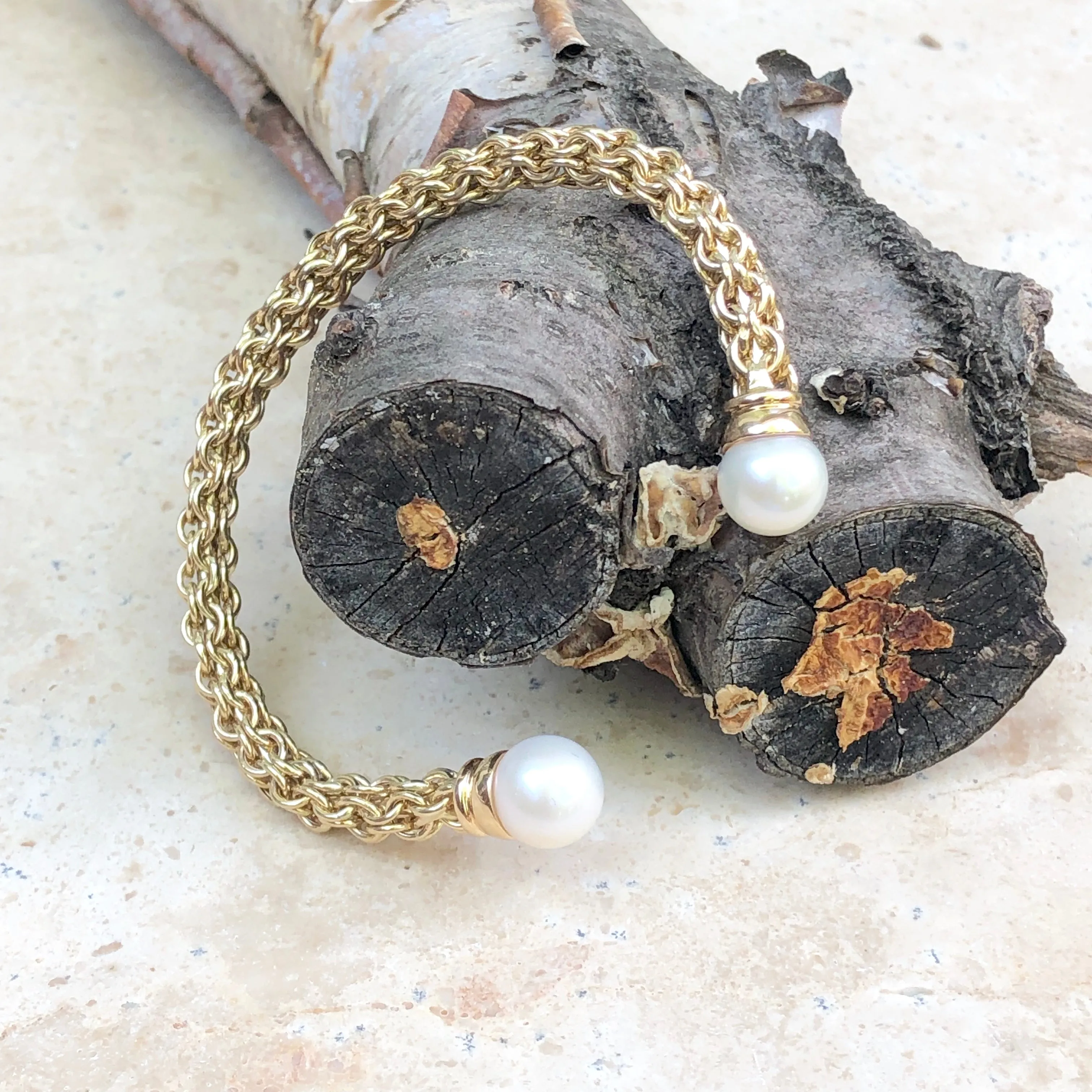 Estate 14KT Yellow Gold Basketweave Pearls Cuff Bangle Bracelet