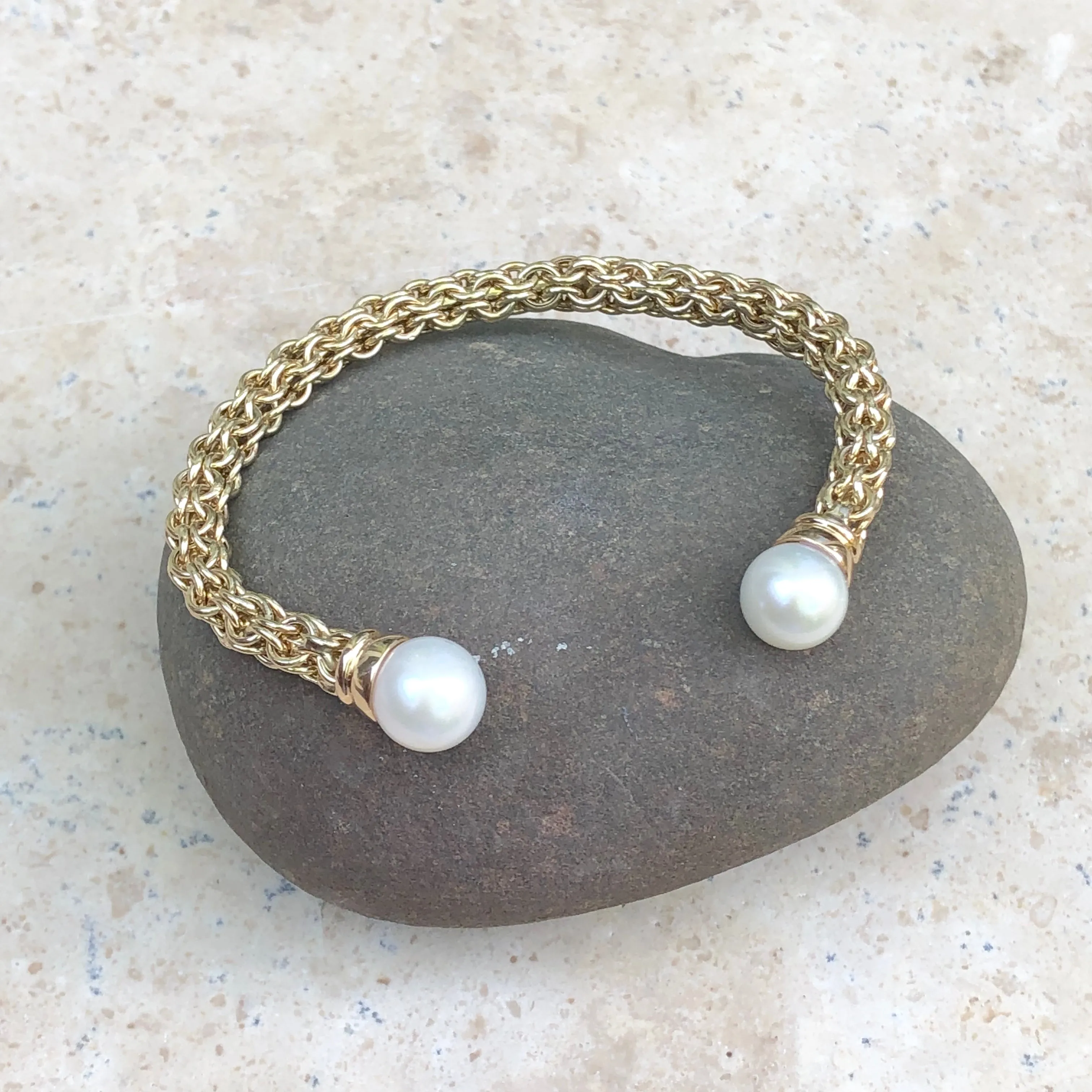 Estate 14KT Yellow Gold Basketweave Pearls Cuff Bangle Bracelet