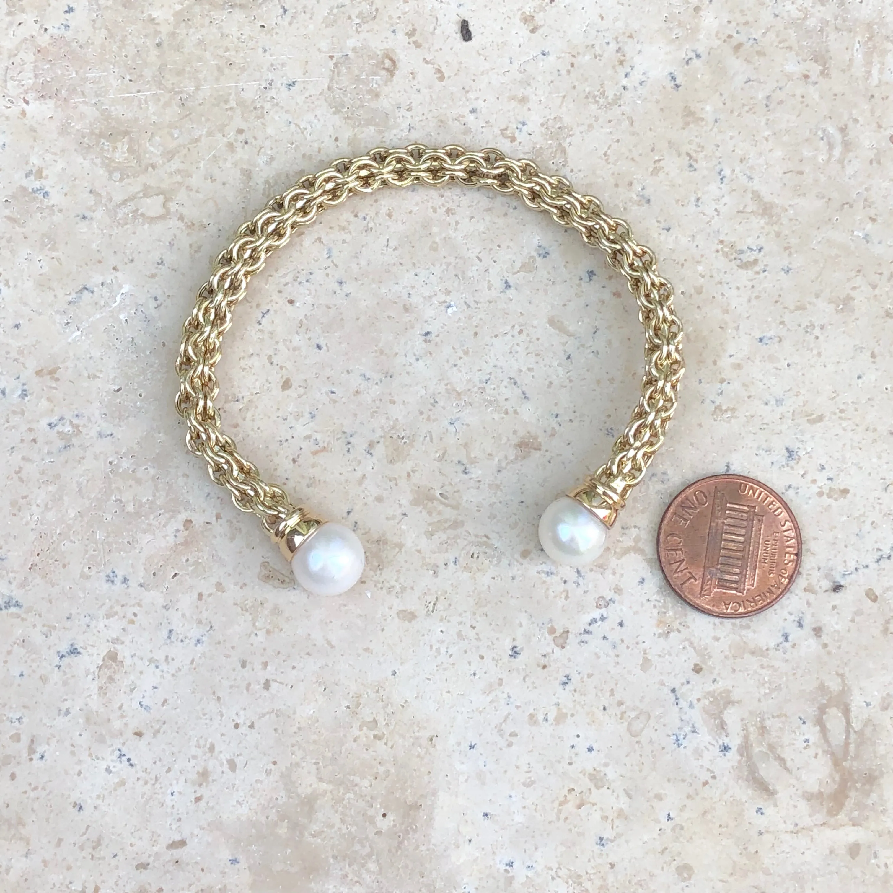 Estate 14KT Yellow Gold Basketweave Pearls Cuff Bangle Bracelet