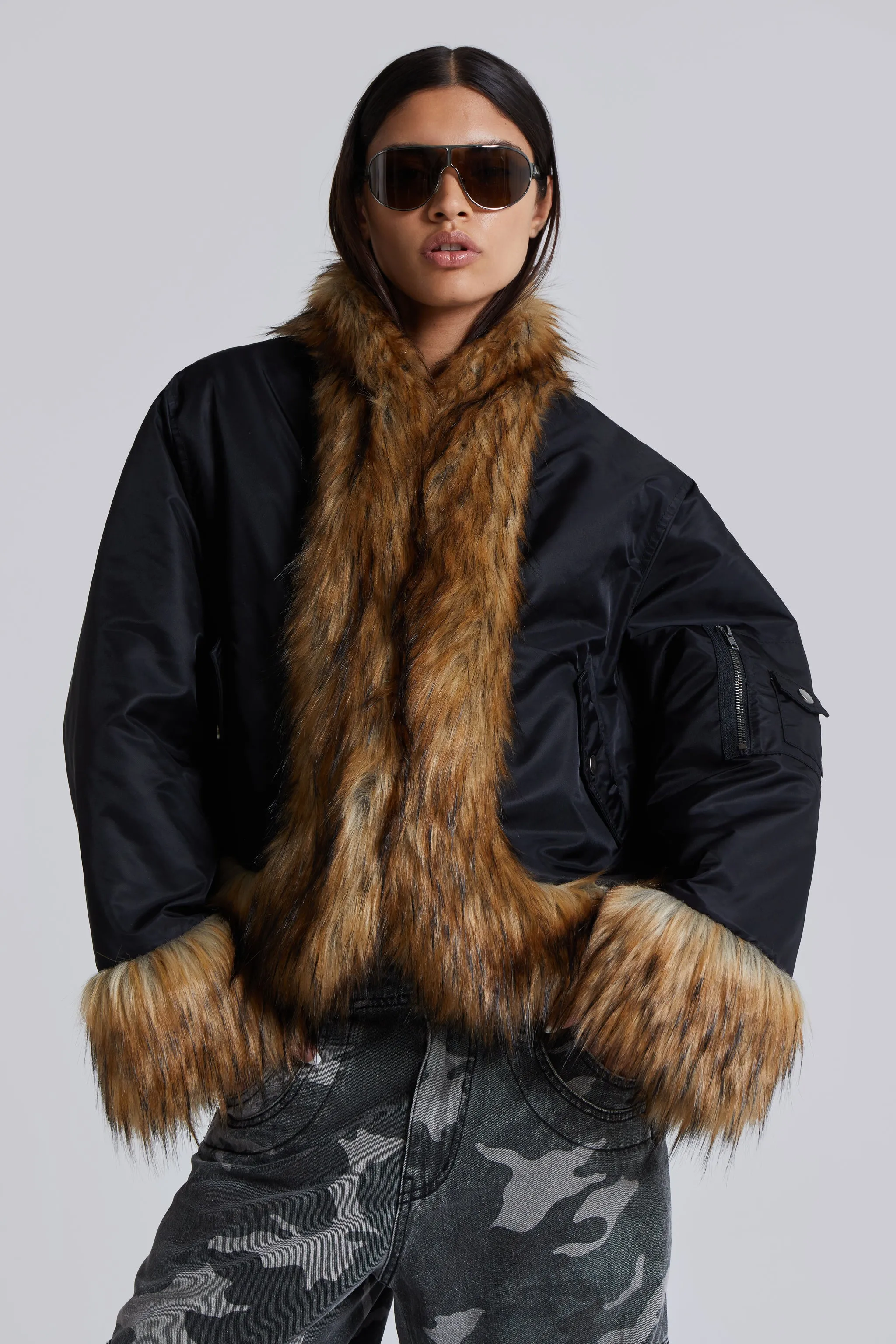 Evren Faux Fur Bomber Jacket in Black