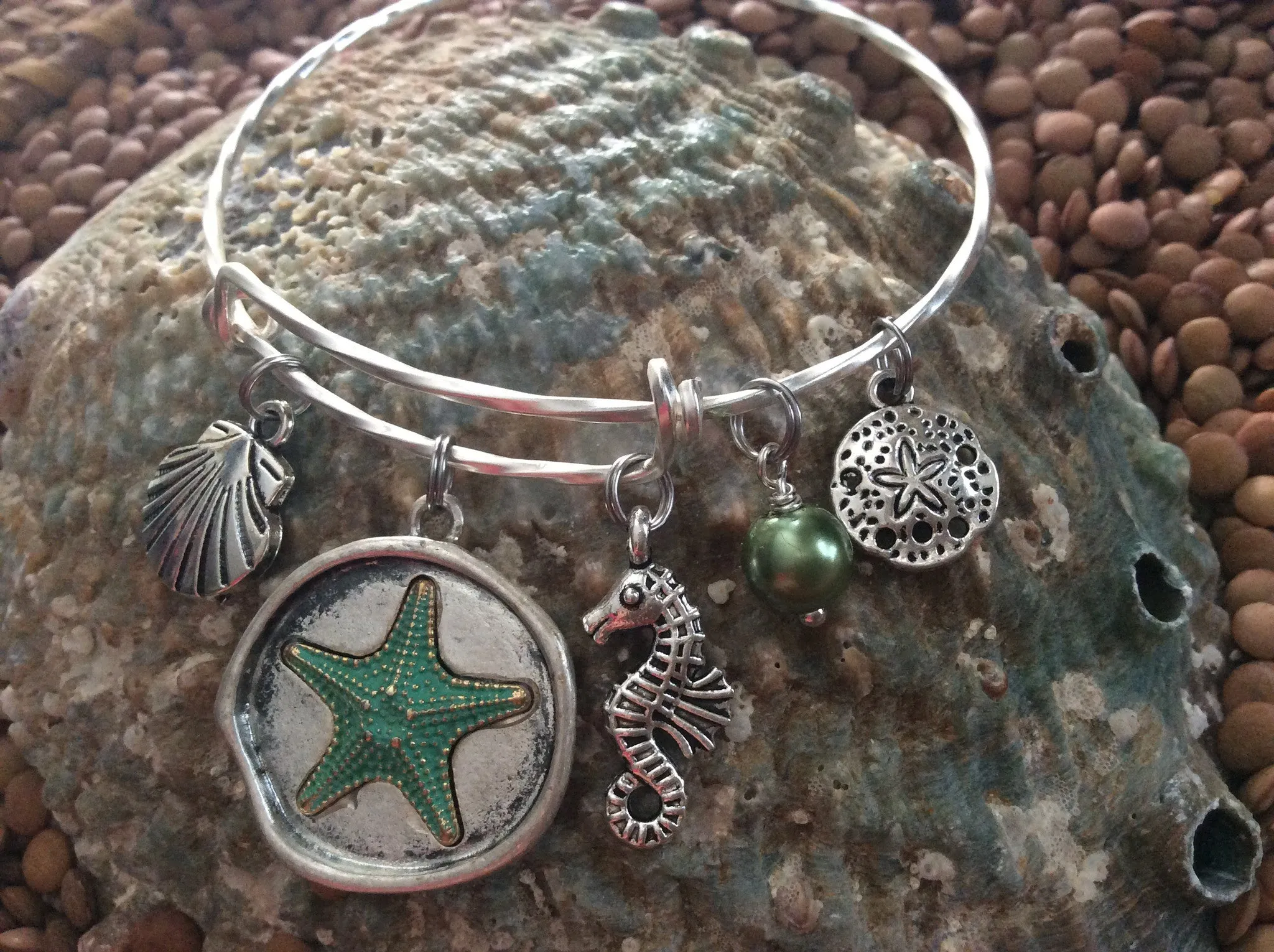 Expandable Nautical Bracelet Ocean Green Starfish Seashell Seahorse Sand Dollar and Pearl Twisted Matte Silver Adjustable Wire Bangle Gift