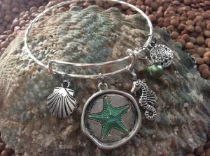 Expandable Nautical Bracelet Ocean Green Starfish Seashell Seahorse Sand Dollar and Pearl Twisted Matte Silver Adjustable Wire Bangle Gift