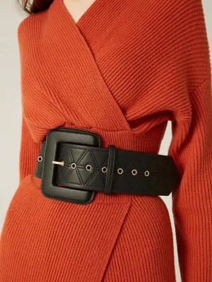 EYELET DETAIL SQUARE BUCKLE WIDE BELT - Black