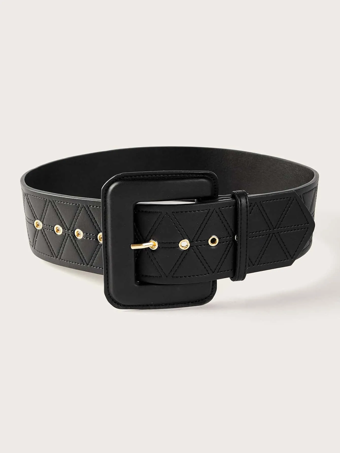 EYELET DETAIL SQUARE BUCKLE WIDE BELT - Black