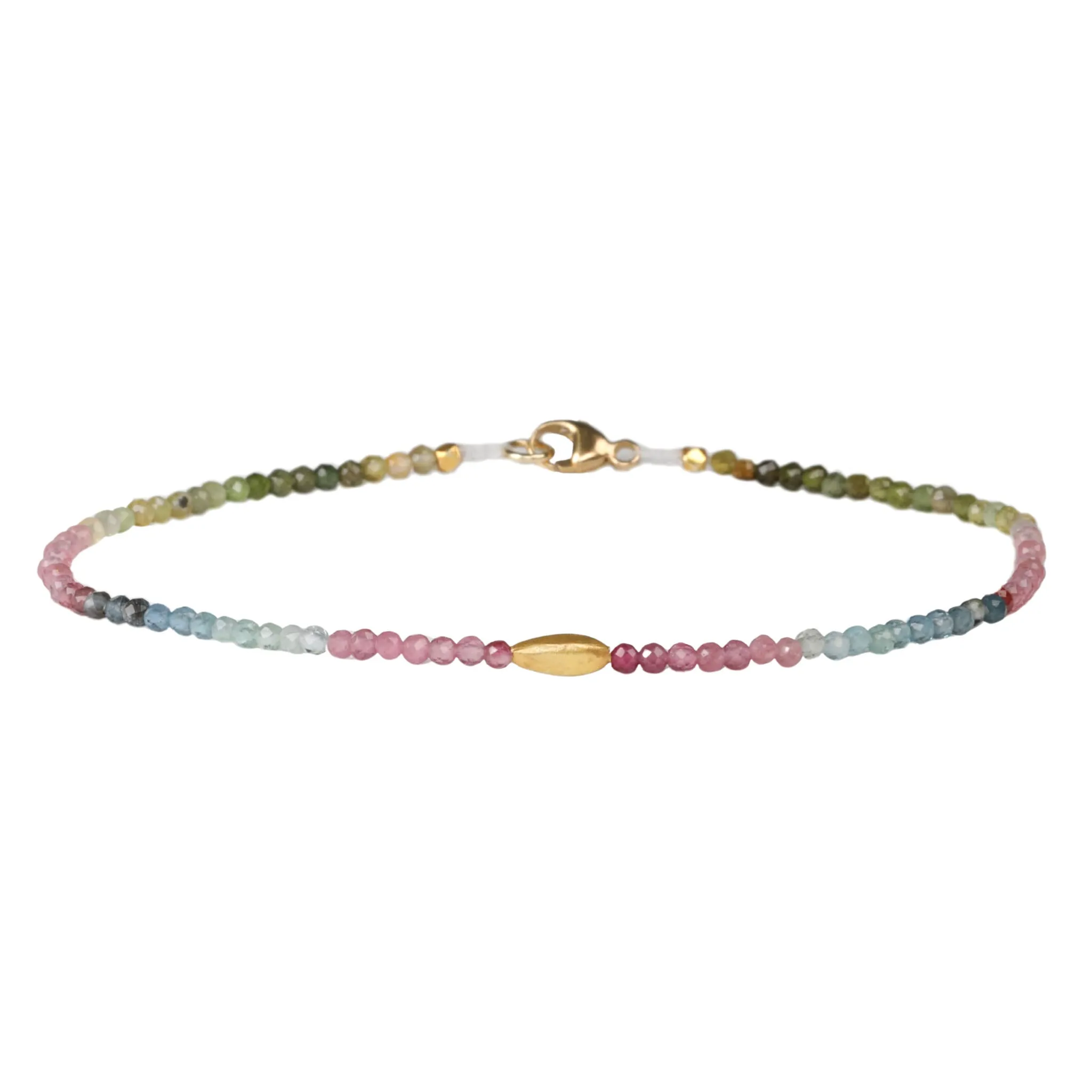 Faceted Watermelon Tourmaline Beaded Bracelet with 18K Gold Marquise-Shaped Bead