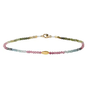 Faceted Watermelon Tourmaline Beaded Bracelet with 18K Gold Marquise-Shaped Bead