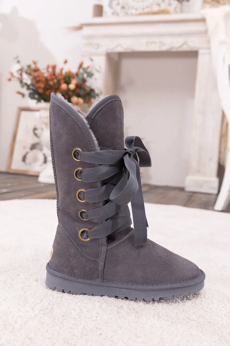 Faux Fur -Lined Ribbon Suede Tie Up Boots - Charcoal