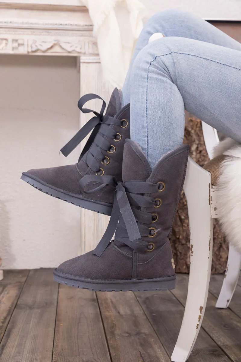 Faux Fur -Lined Ribbon Suede Tie Up Boots - Charcoal