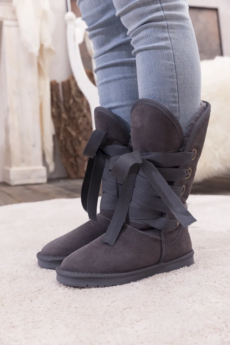 Faux Fur -Lined Ribbon Suede Tie Up Boots - Charcoal