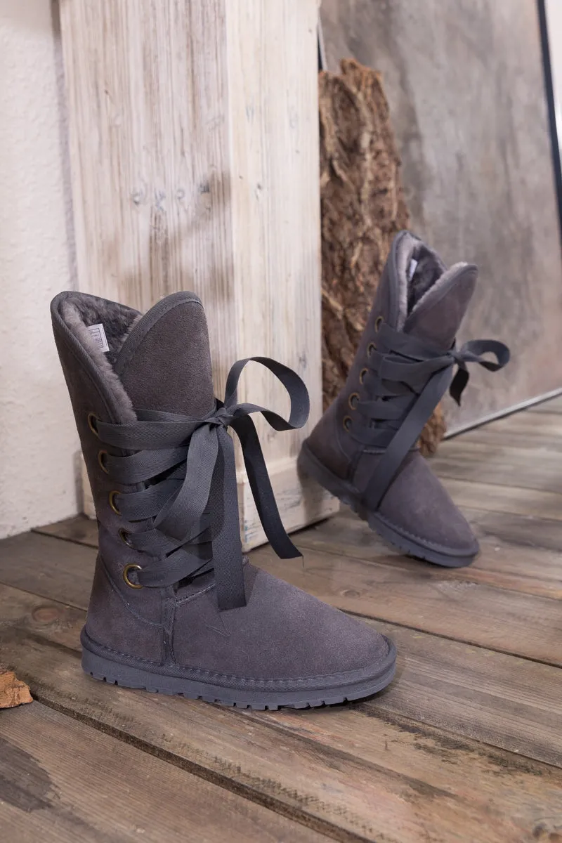 Faux Fur -Lined Ribbon Suede Tie Up Boots - Charcoal