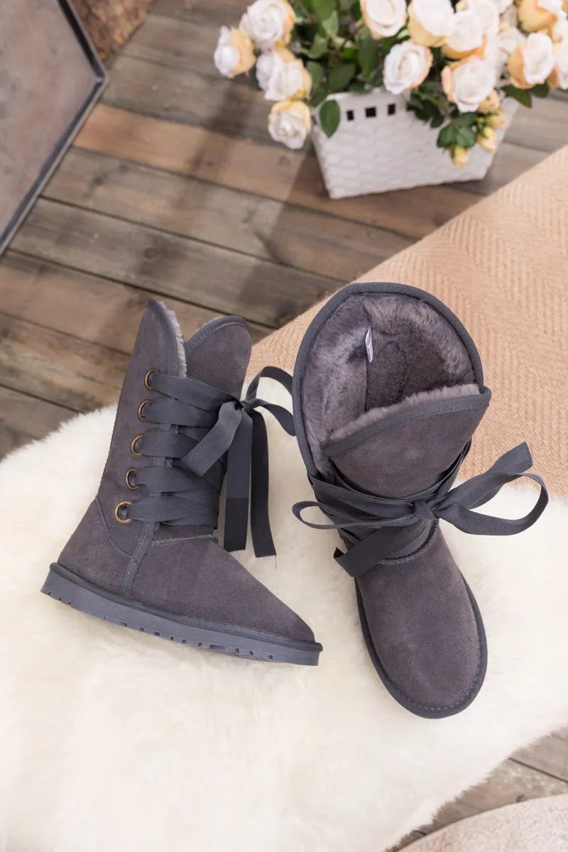 Faux Fur -Lined Ribbon Suede Tie Up Boots - Charcoal