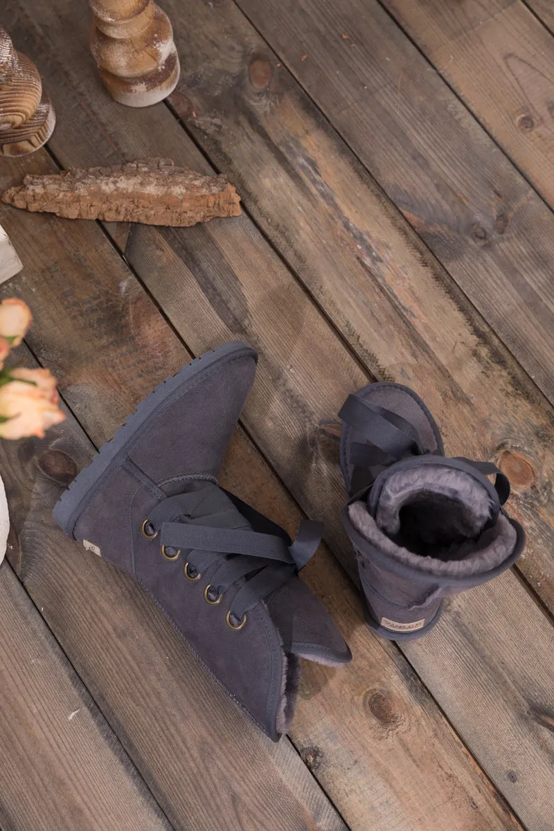 Faux Fur -Lined Ribbon Suede Tie Up Boots - Charcoal