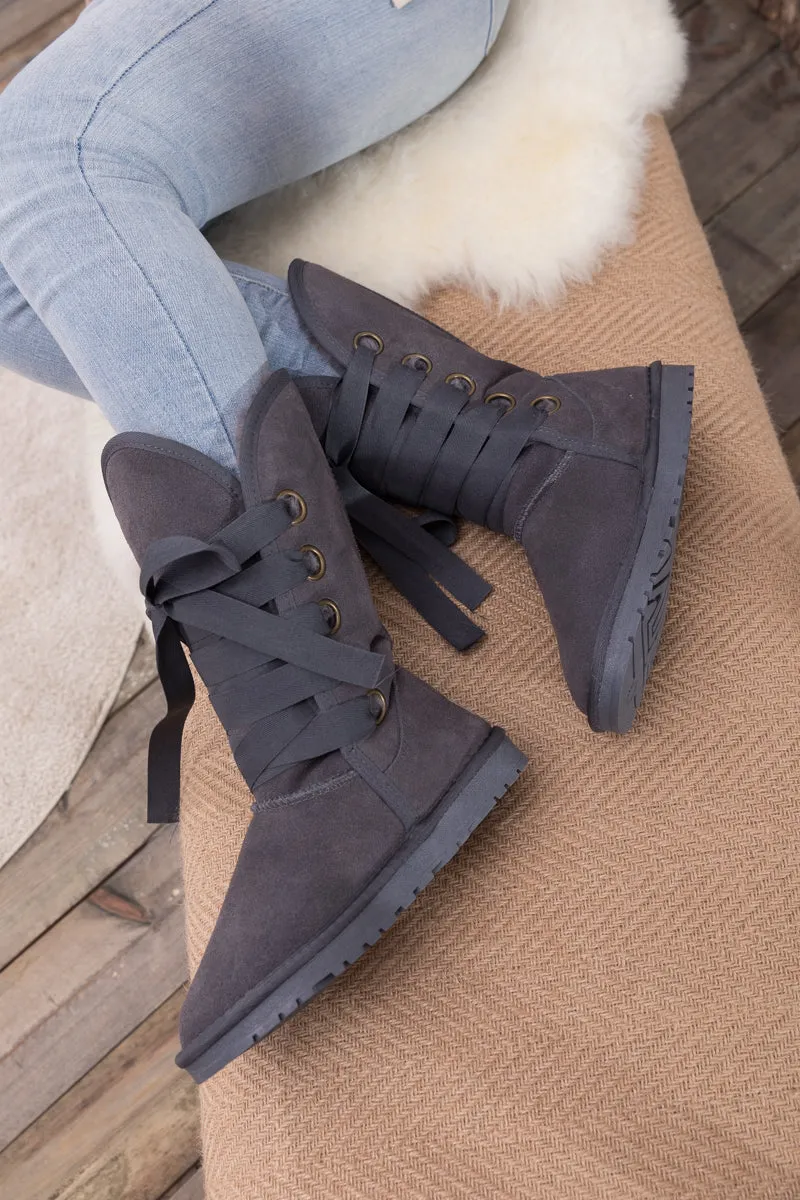 Faux Fur -Lined Ribbon Suede Tie Up Boots - Charcoal