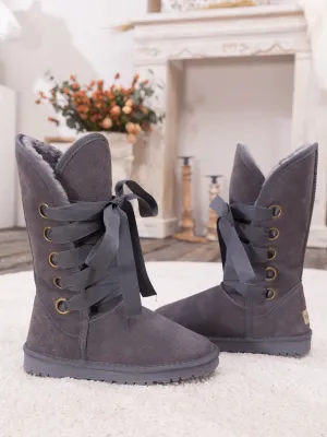 Faux Fur -Lined Ribbon Suede Tie Up Boots - Charcoal