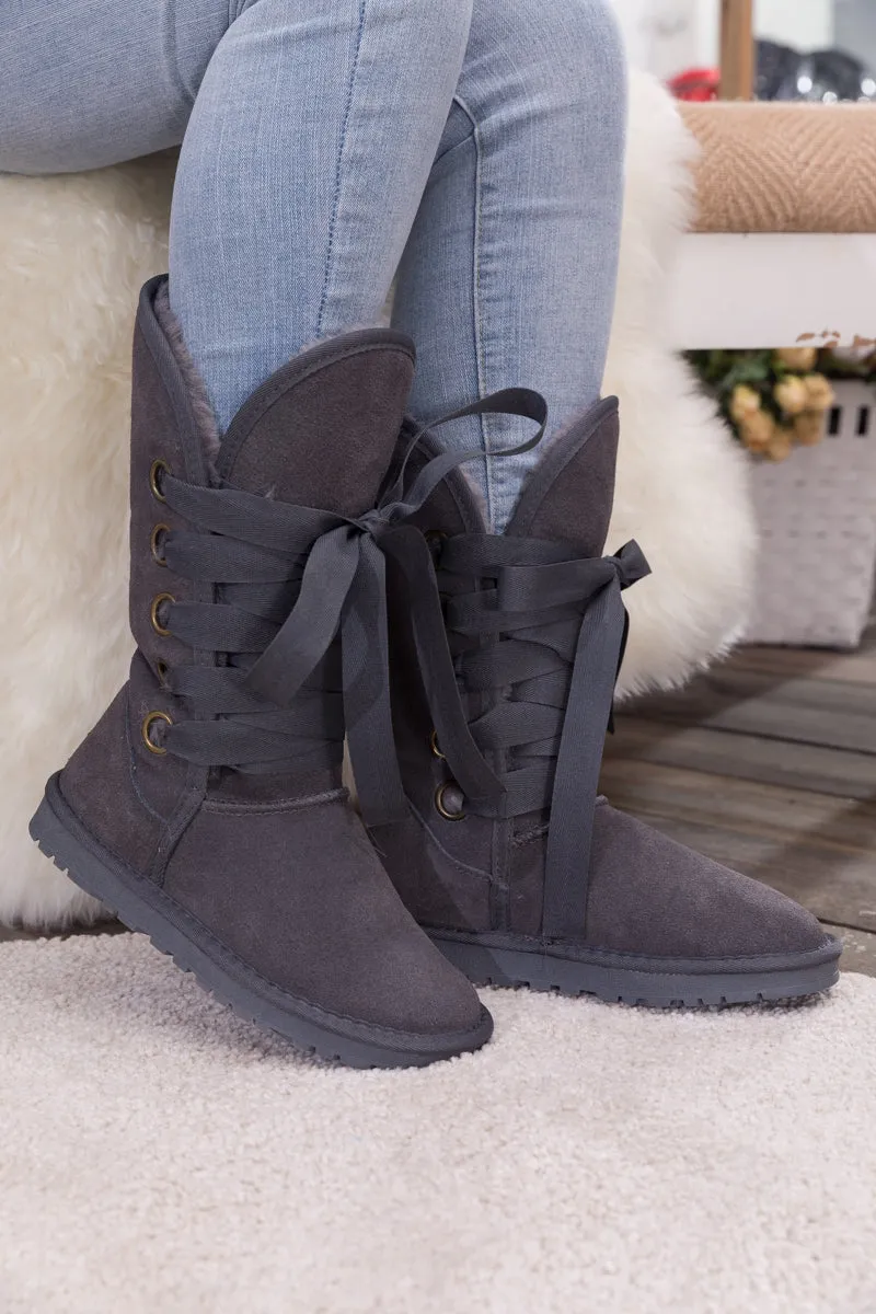 Faux Fur -Lined Ribbon Suede Tie Up Boots - Charcoal