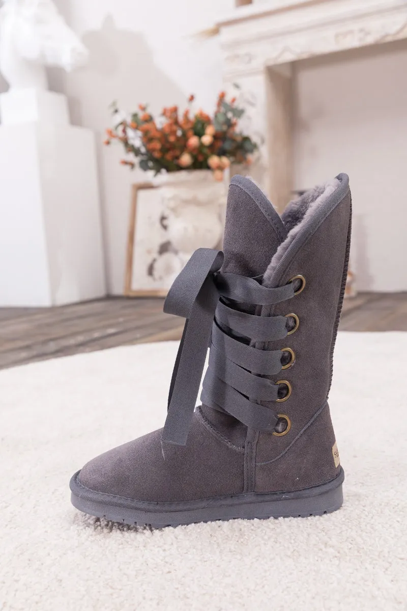 Faux Fur -Lined Ribbon Suede Tie Up Boots - Charcoal
