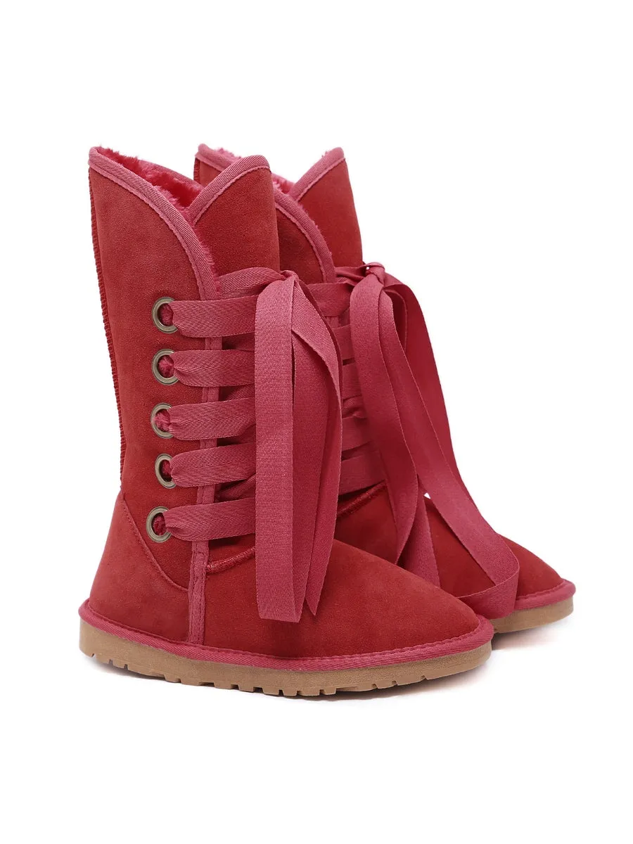 Faux Fur -Lined Ribbon Suede Tie Up Boots