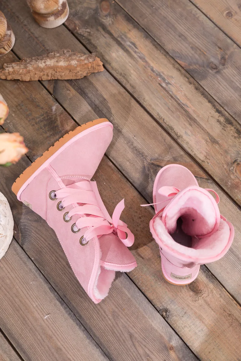Faux Fur -Lined Ribbon Suede Tie Up Boots