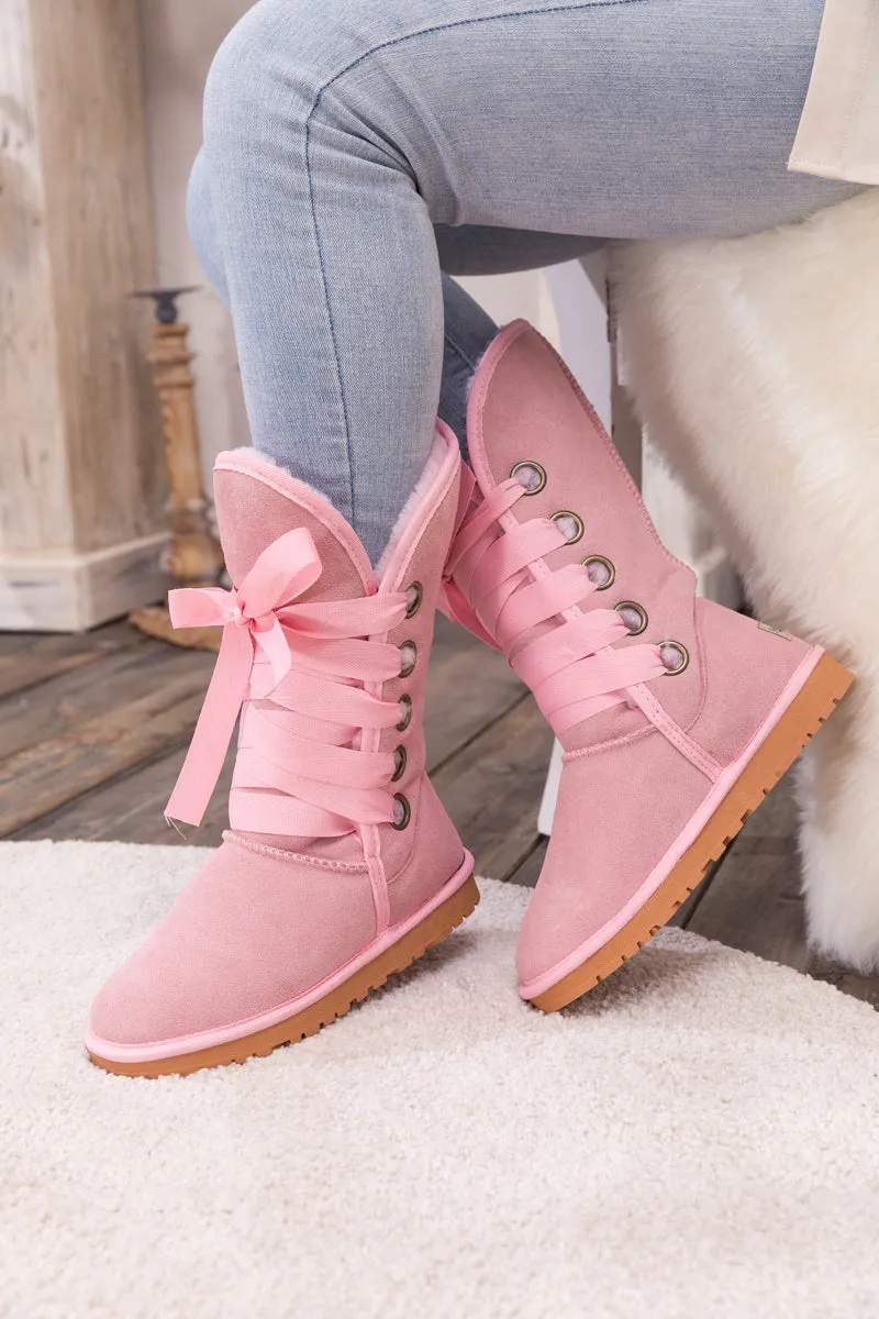 Faux Fur -Lined Ribbon Suede Tie Up Boots