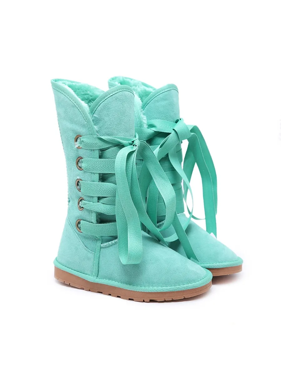 Faux Fur -Lined Ribbon Suede Tie Up Boots