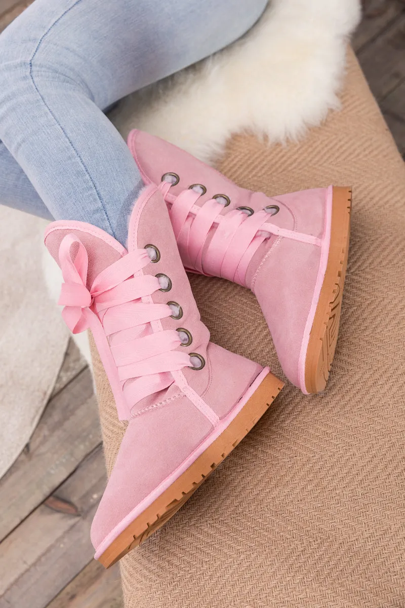 Faux Fur -Lined Ribbon Suede Tie Up Boots