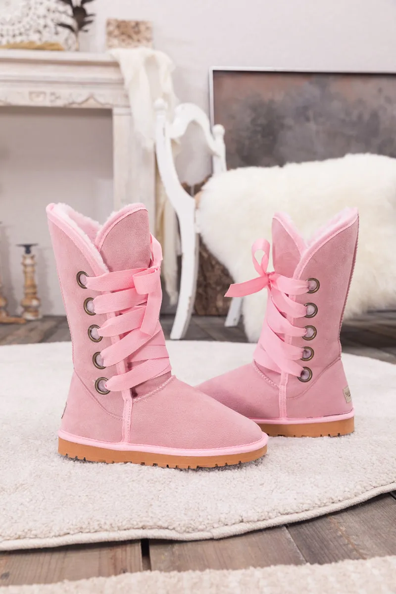 Faux Fur -Lined Ribbon Suede Tie Up Boots