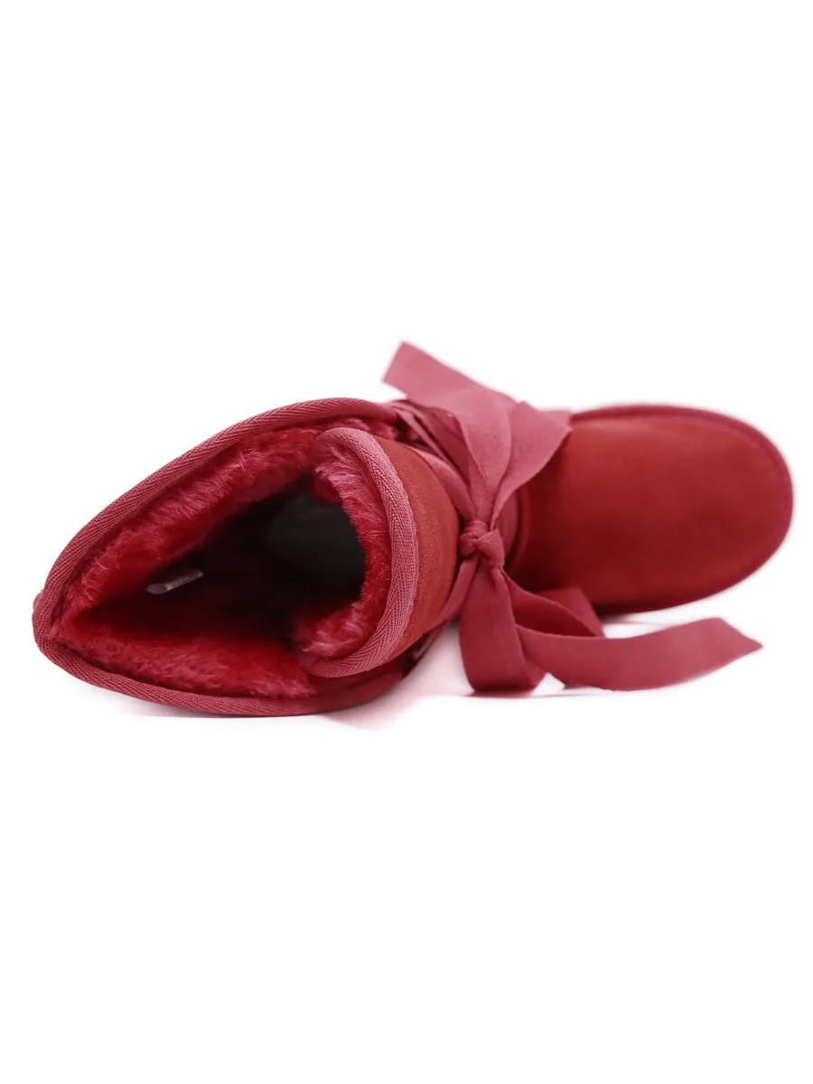 Faux Fur -Lined Ribbon Suede Tie Up Boots