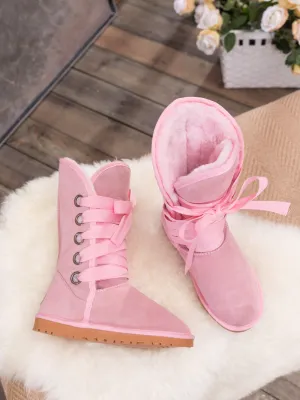 Faux Fur -Lined Ribbon Suede Tie Up Boots