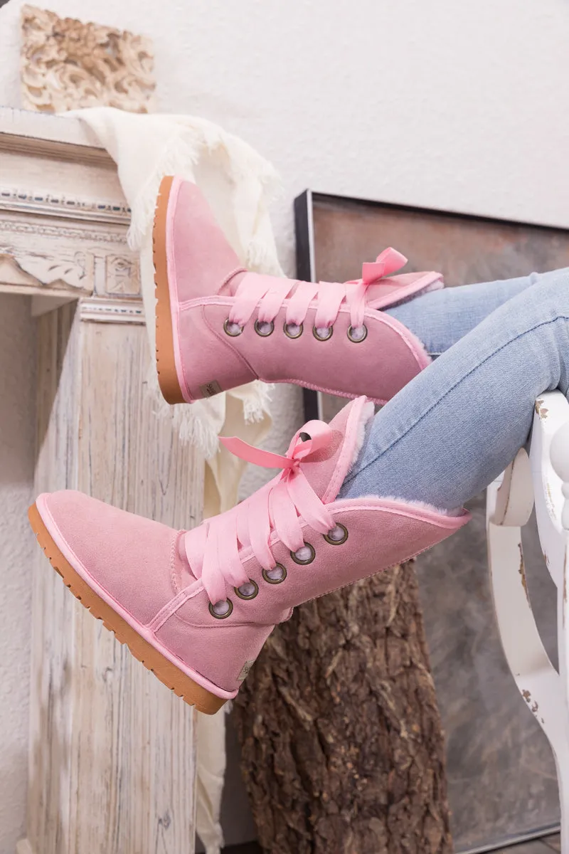 Faux Fur -Lined Ribbon Suede Tie Up Boots