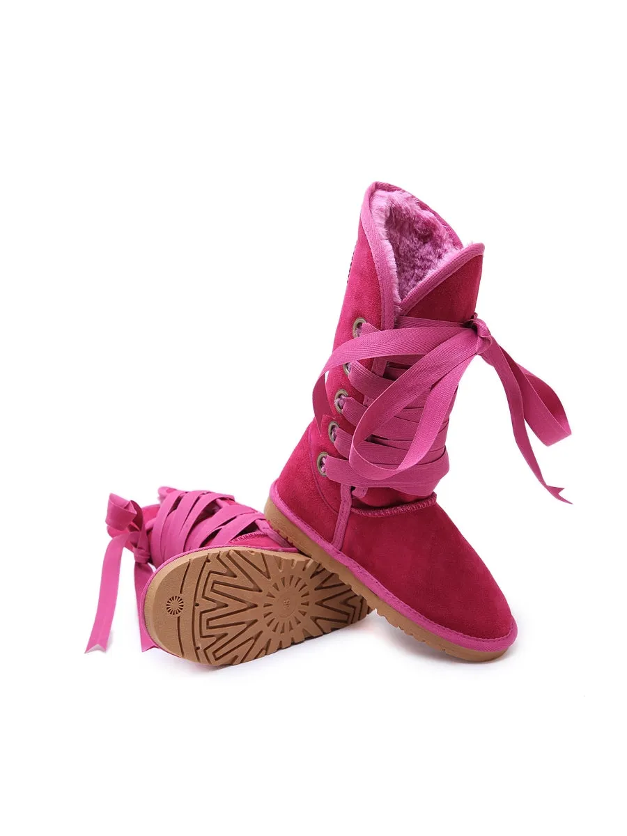 Faux Fur -Lined Ribbon Suede Tie Up Boots