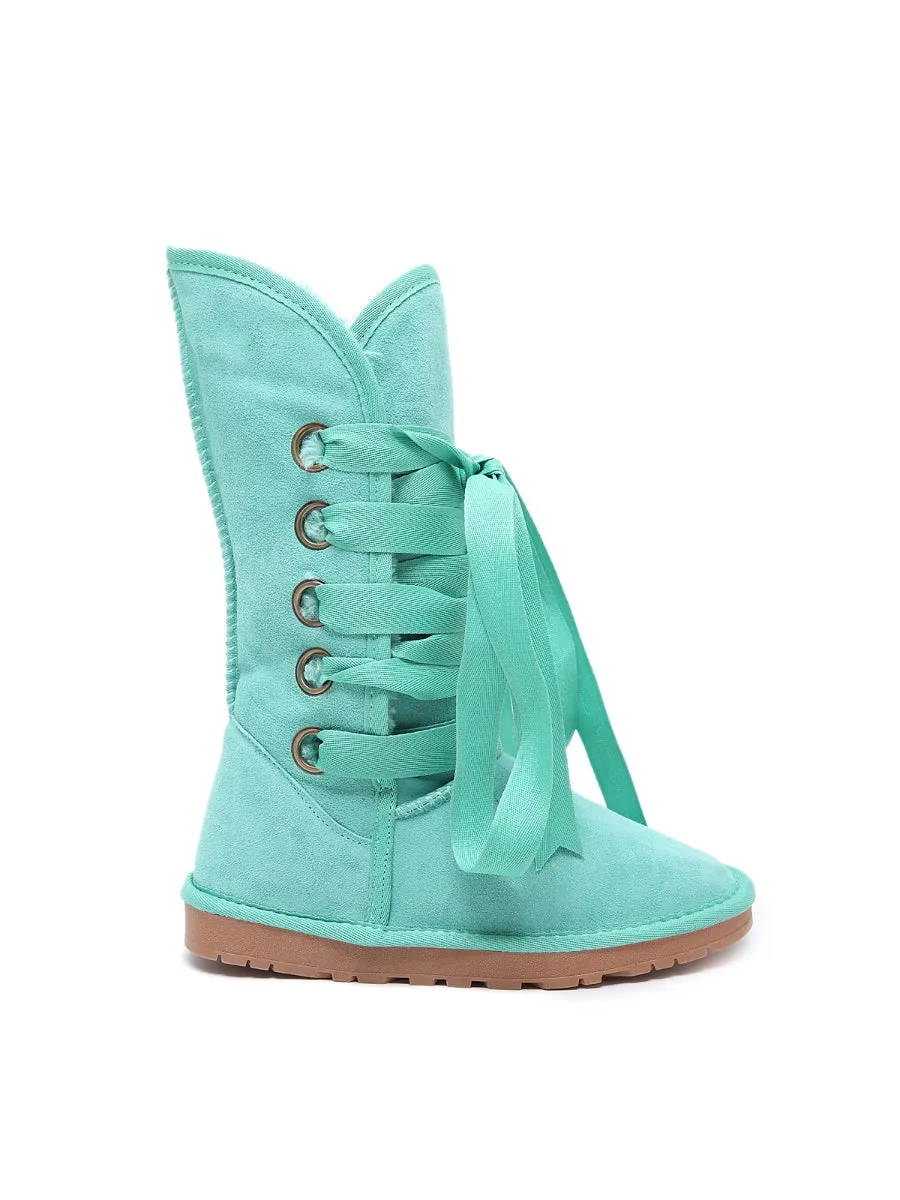 Faux Fur -Lined Ribbon Suede Tie Up Boots