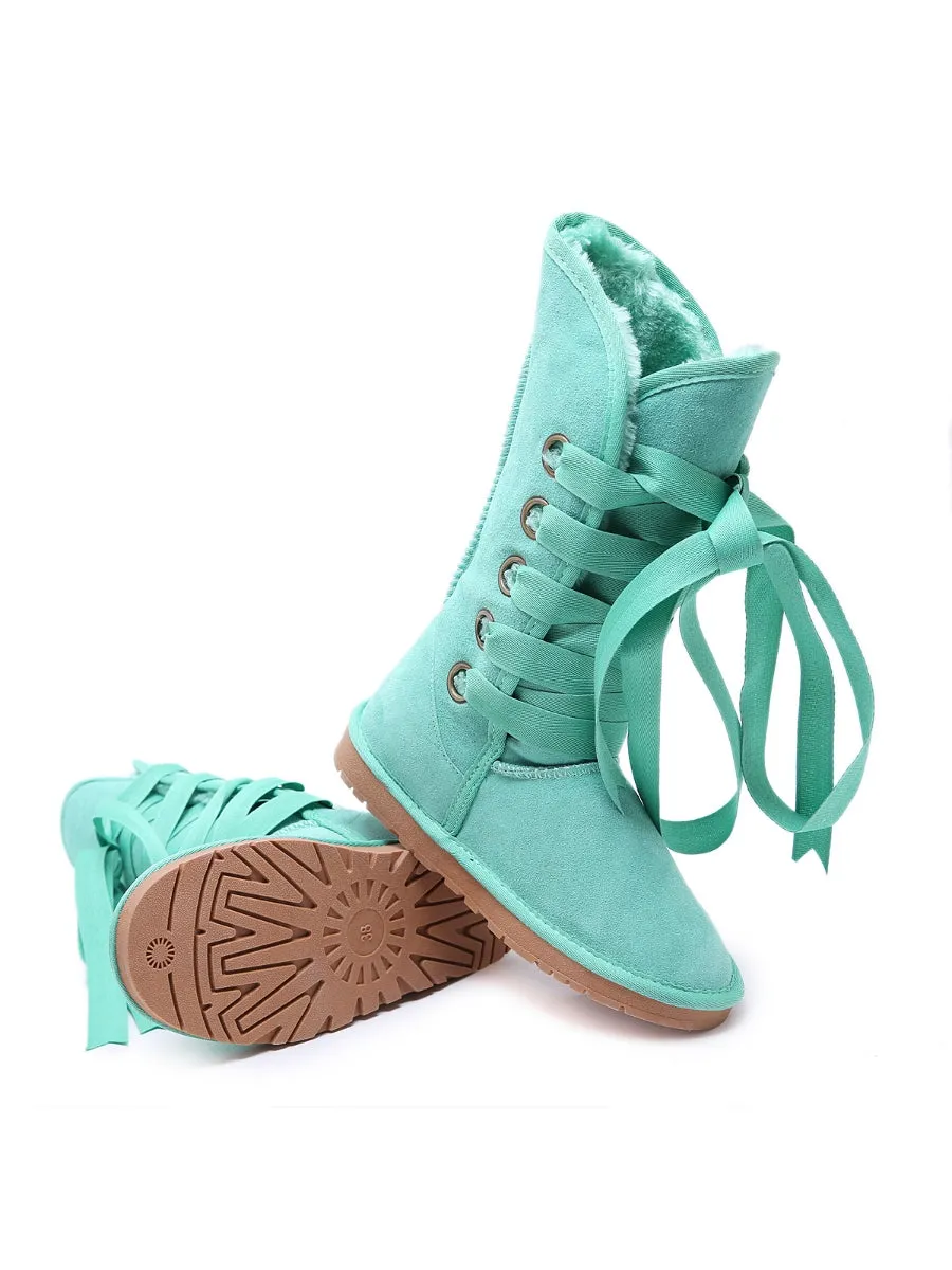 Faux Fur -Lined Ribbon Suede Tie Up Boots