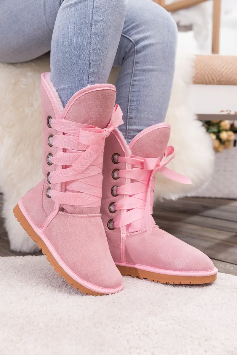 Faux Fur -Lined Ribbon Suede Tie Up Boots