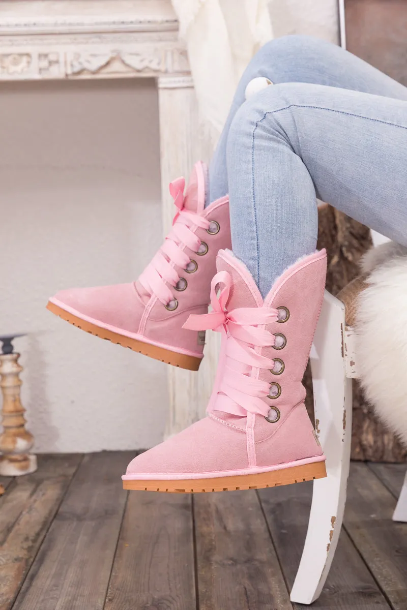 Faux Fur -Lined Ribbon Suede Tie Up Boots