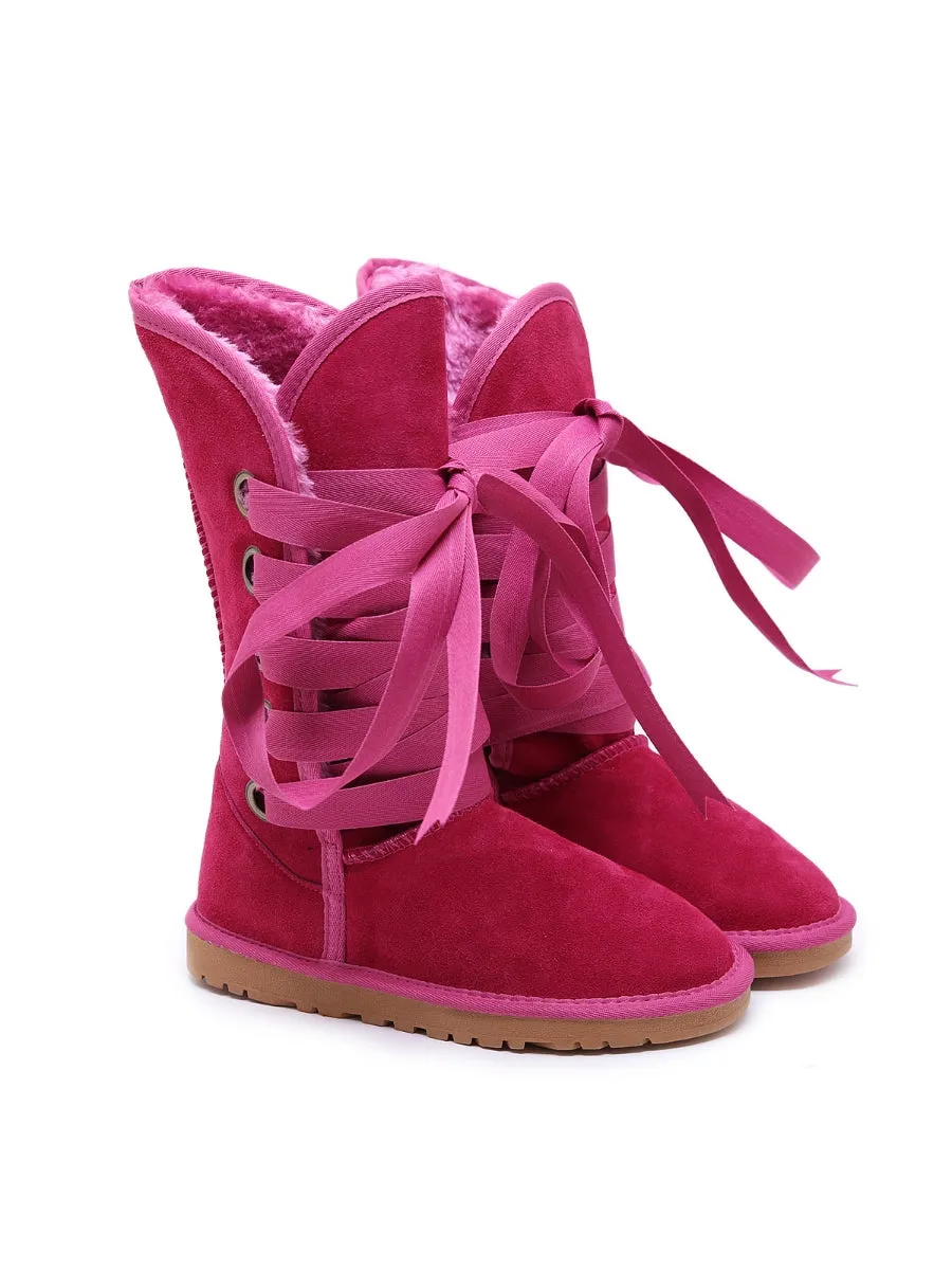 Faux Fur -Lined Ribbon Suede Tie Up Boots