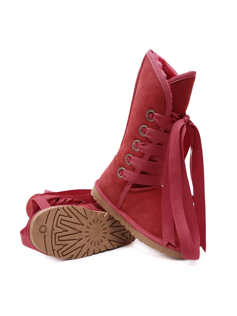 Faux Fur -Lined Ribbon Suede Tie Up Boots