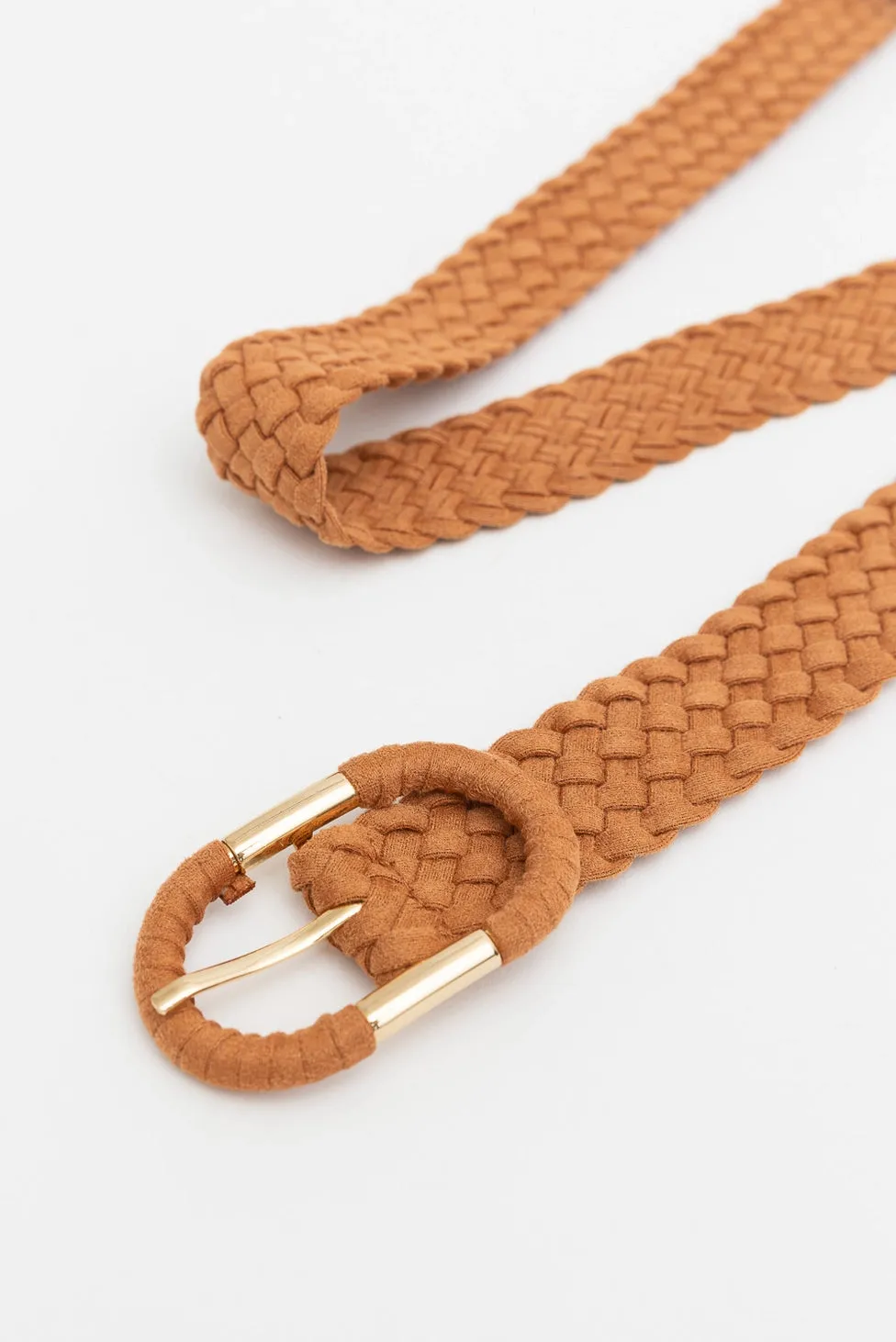Faux Suede Camel Braided Belt Oval Buckle - One Size