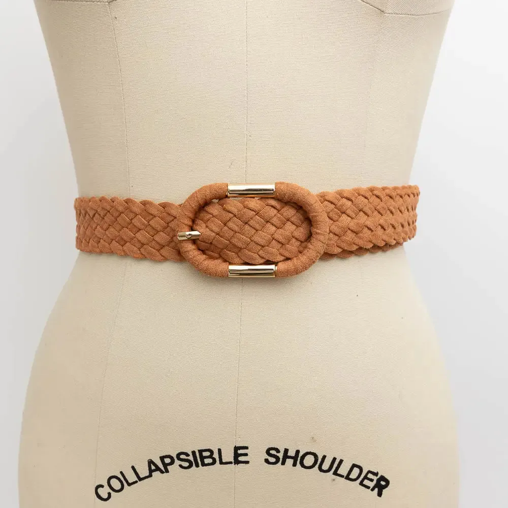 Faux Suede Camel Braided Belt Oval Buckle - One Size