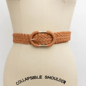 Faux Suede Camel Braided Belt Oval Buckle - One Size