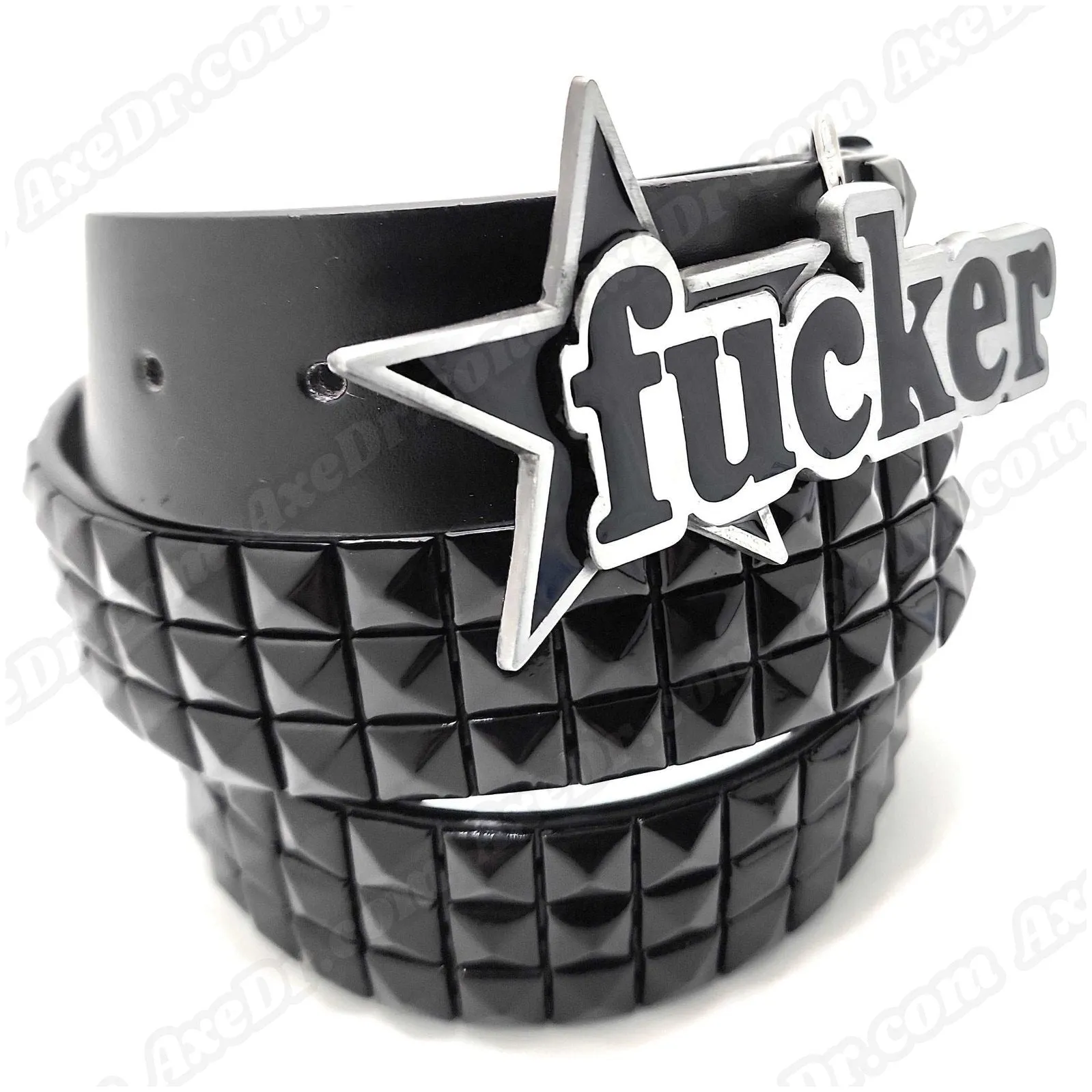FCKER Nuatical Star Belt Buckle and Black Pyramid Studded Leather Belt