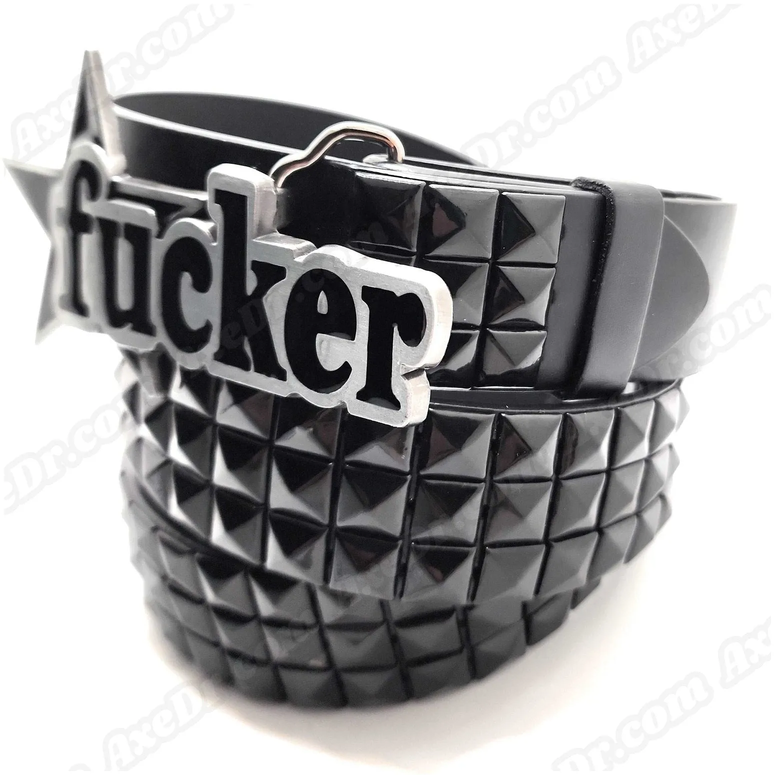 FCKER Nuatical Star Belt Buckle and Black Pyramid Studded Leather Belt