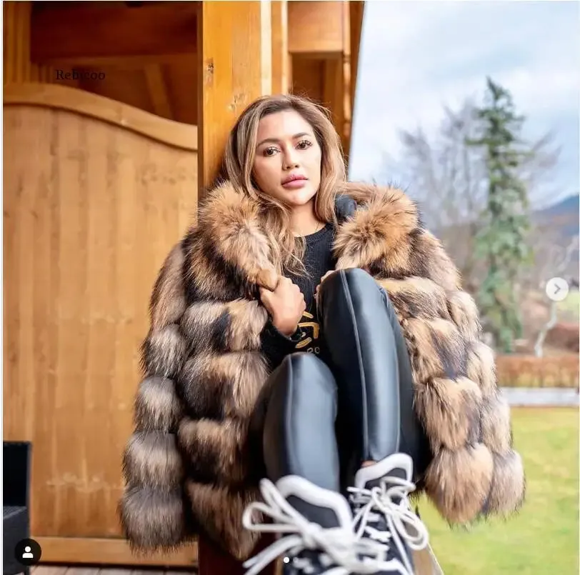 Female Jacket Fur Coat Women Artificial Raccoon Fur Winter Warm Fluffy Short Jackets Cropped Natural Fur Outwear Plush Coats