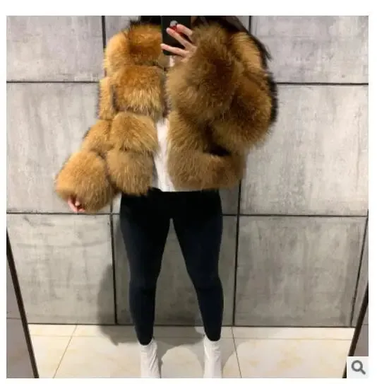 Female Jacket Fur Coat Women Artificial Raccoon Fur Winter Warm Fluffy Short Jackets Cropped Natural Fur Outwear Plush Coats
