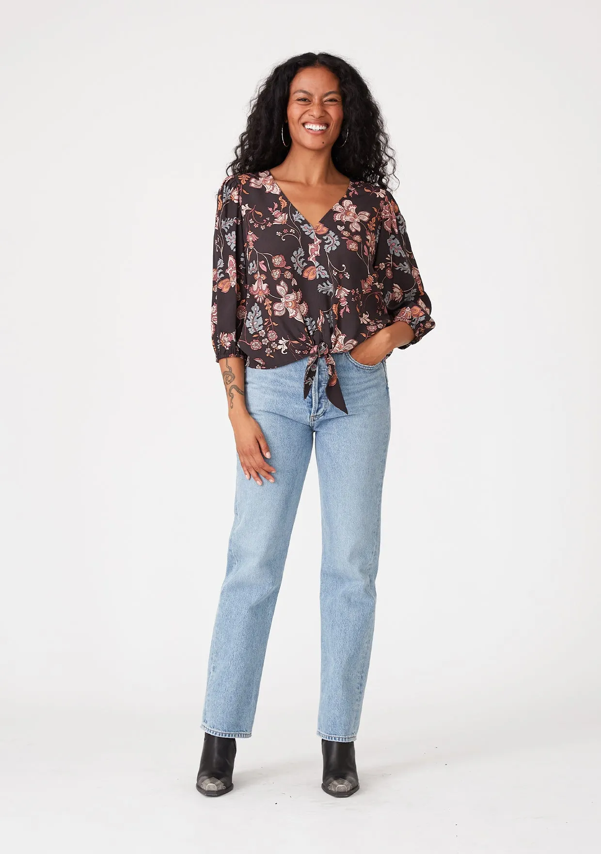 Floral V Neck 3/4 Sleeve Tie Front Blouse