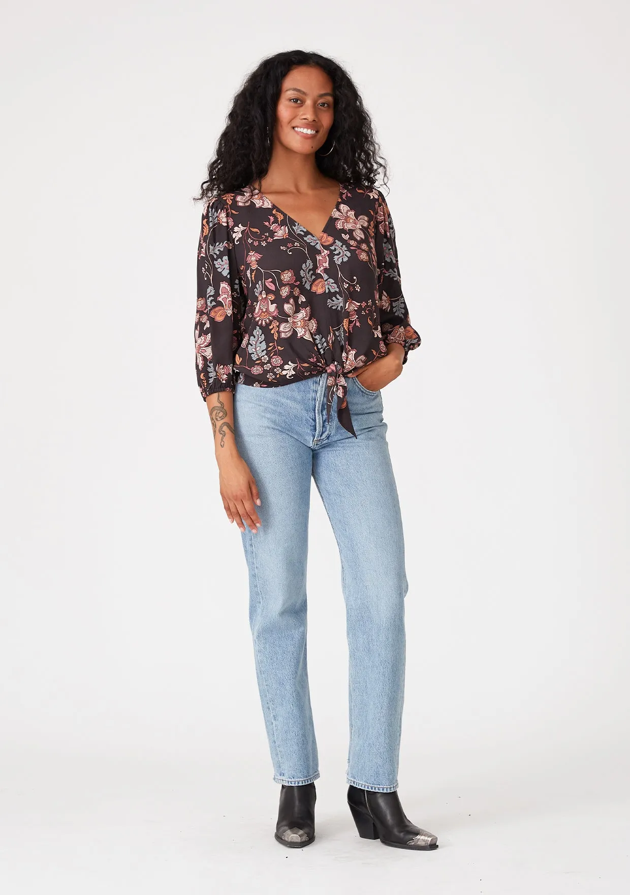 Floral V Neck 3/4 Sleeve Tie Front Blouse